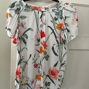 LOFT White and Green Pleated Blouse